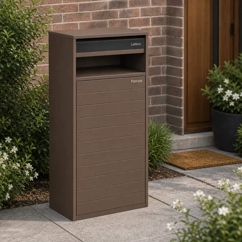 MB535 wide parcel pillar letterbox color options in white bark brown and charcoal with matching letters slot and parcel shelf design
