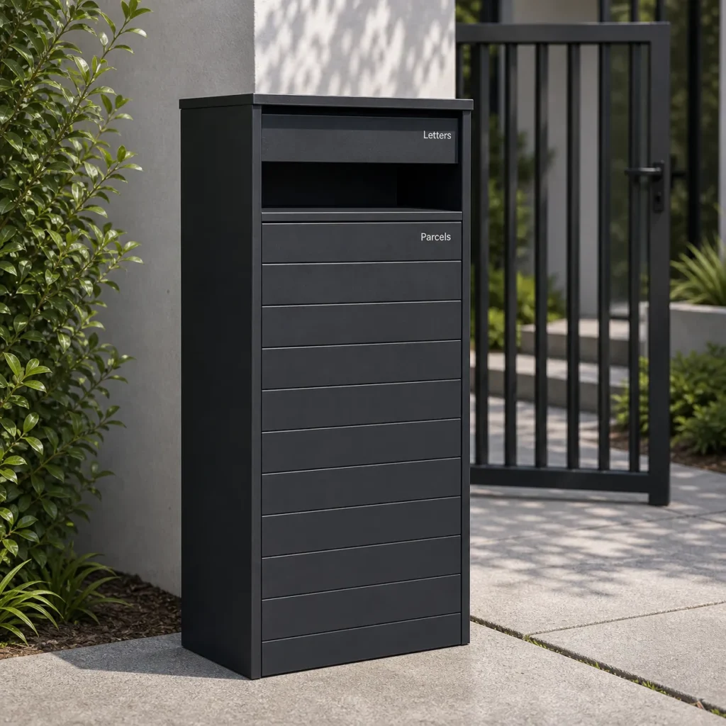 MB535 wide parcel pillar letterbox rear retrieval view with open door showing parcel and envelope storage capacity