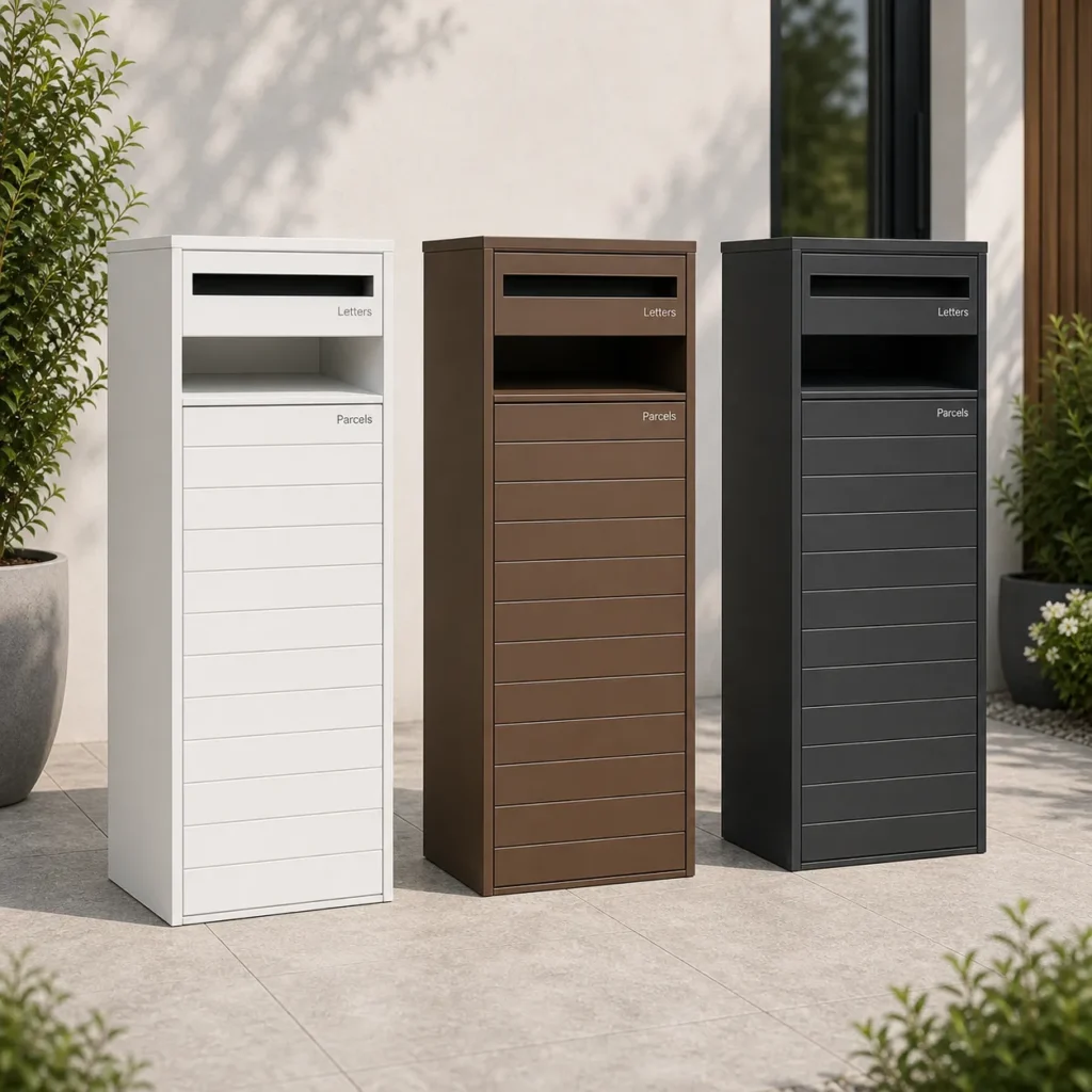 MB535 bark brown wide parcel pillar letterbox color option with open parcel shelf and horizontal lower panel