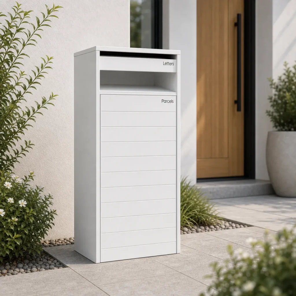 MB535 white wide parcel pillar letterbox installed beside a modern residential entrance with letters slot and open parcel shelf