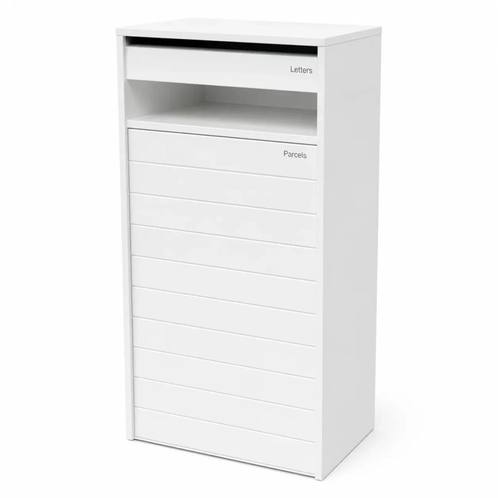 MB535 white wide parcel pillar letterbox with black letters slot open parcel shelf and horizontal parcels panel
