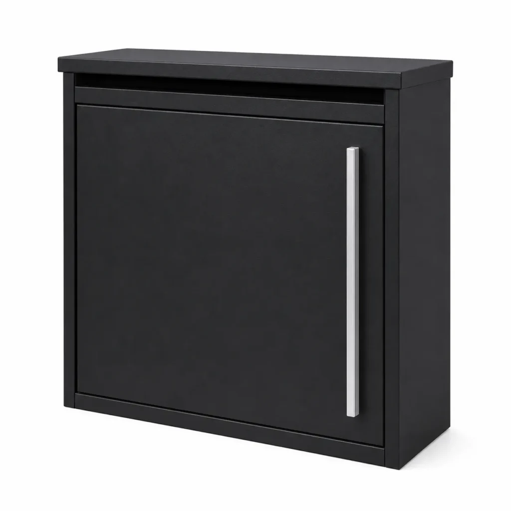 MB601 black modern wall mounted letterbox with square front door raised top cover and vertical silver handle