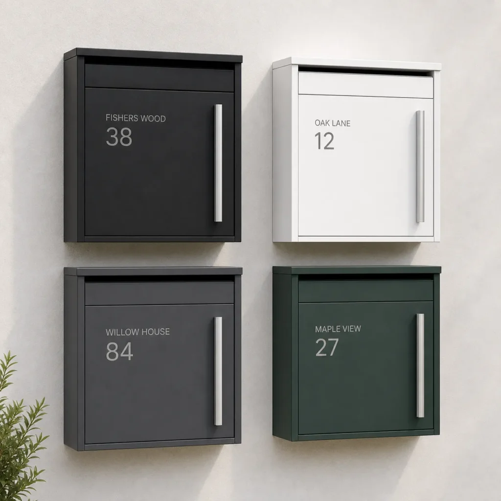 MB601 white modern wall mounted letterbox color option with top mail slot and vertical silver handle
