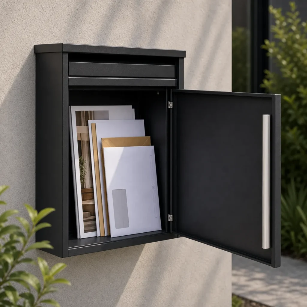 MB601 personalised black wall mounted letterbox with custom house number and family name on the front door