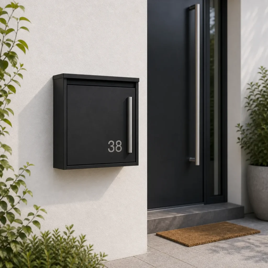 MB601 modern black wall mounted mailbox installed on a residential entrance wall beside plants and front door