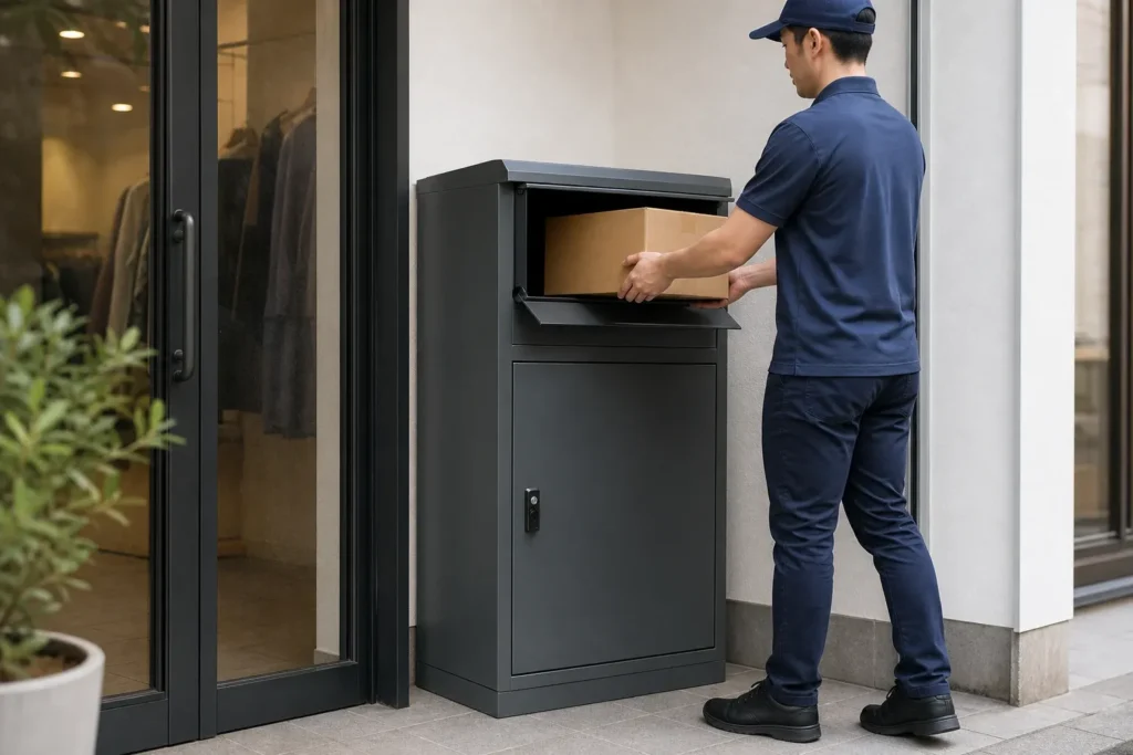 Medium parcel drop box at a narrow retail entrance for higher capacity without using too much storefront space
