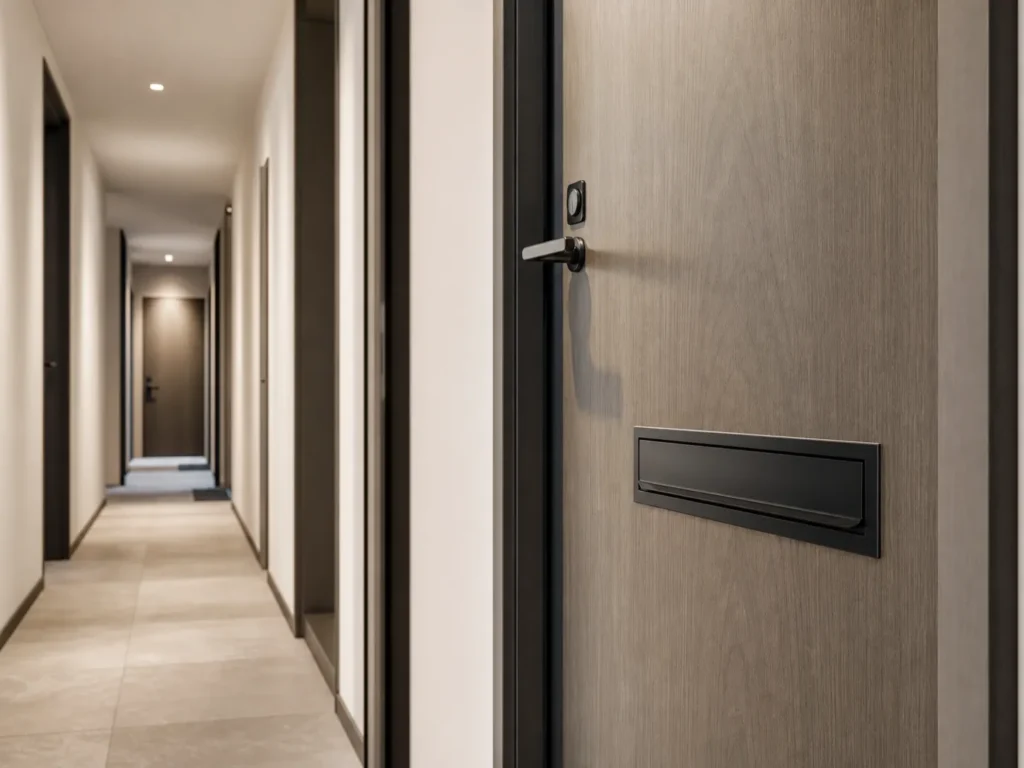 Matte black modern mail slot installed on an apartment entrance door in a multi-family building corridor