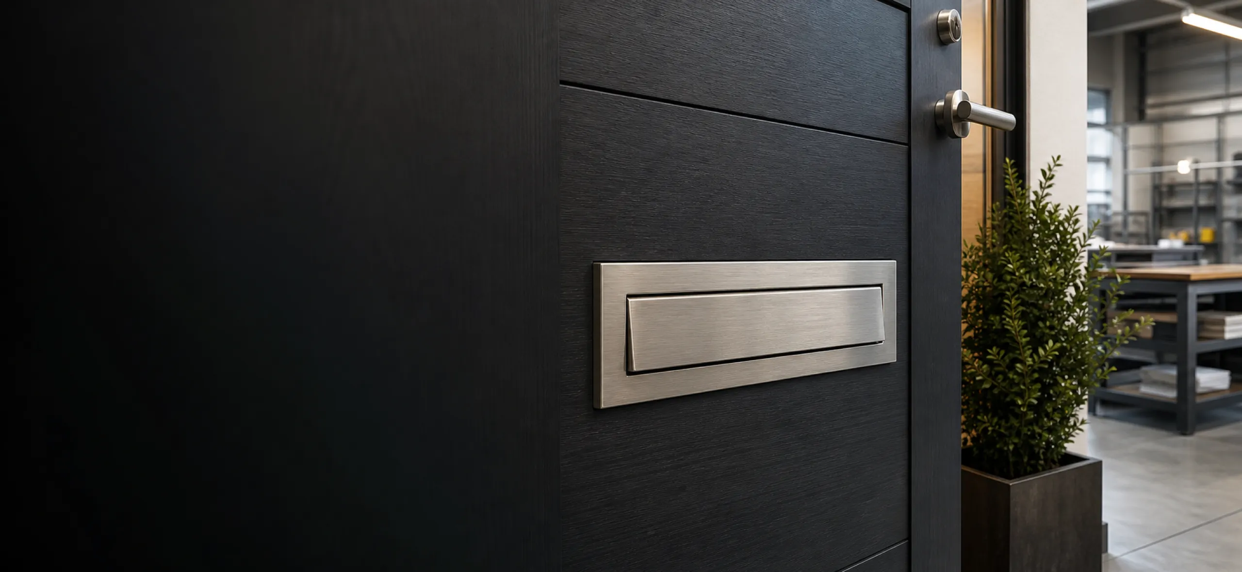 Modern metal mail slot installed in a contemporary entrance door for residential office and OEM hardware projects