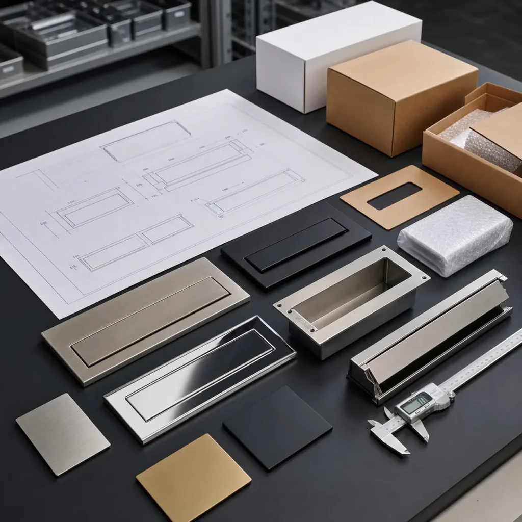 Modern mail slot samples with drawings caliper finish swatches sleeve parts and packaging materials for OEM customization