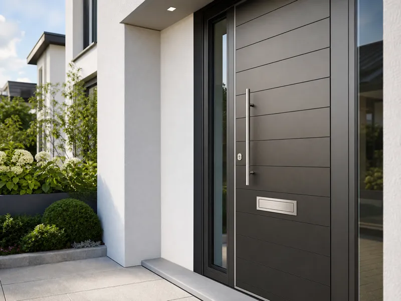 Modern brushed metal mail slot installed in a residential front door for houses villas townhouses and door replacement projects