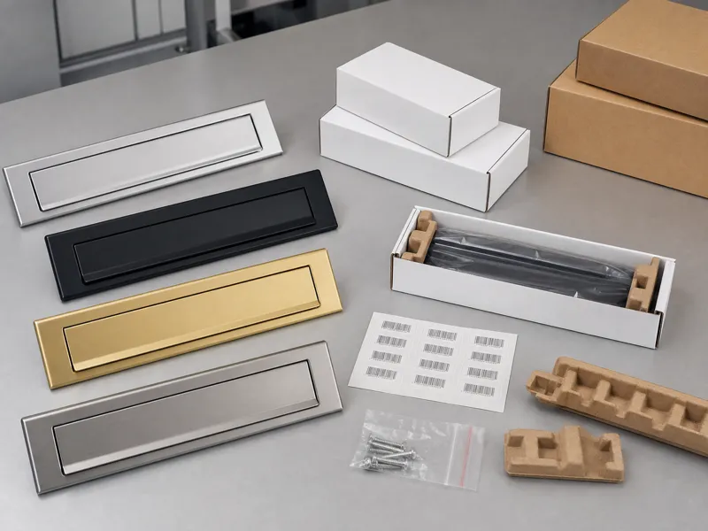 Modern metal mail slot samples with private label packaging parts and installation accessories for OEM hardware brands