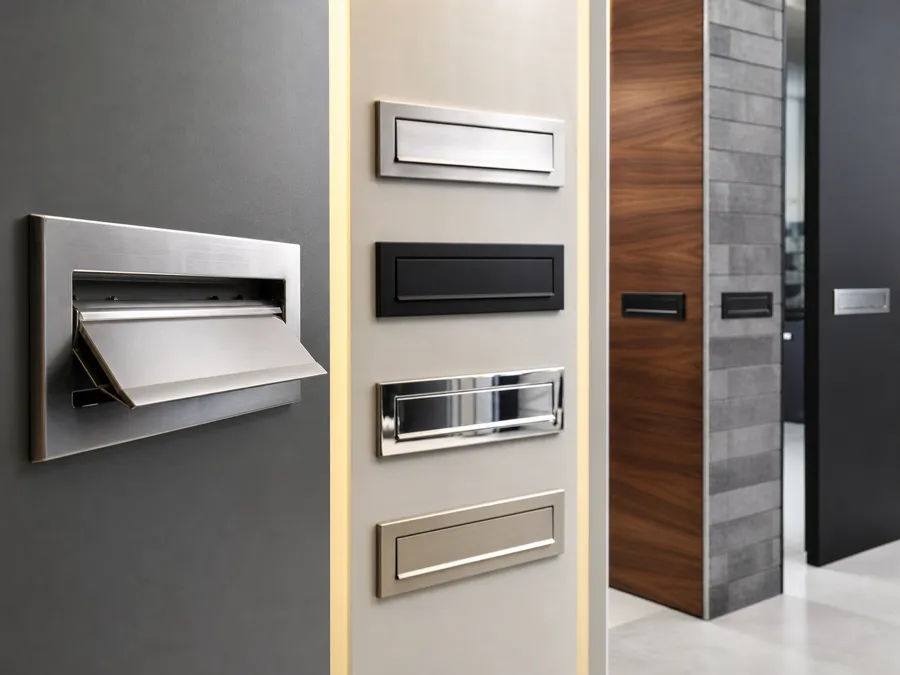 Modern metal mail slot installed in a contemporary entrance door for residential office and OEM hardware projects