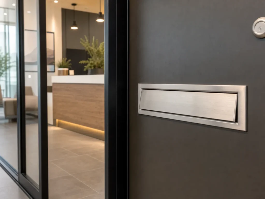 Modern satin nickel mail slot installed on an office entrance door for studios clinics and commercial rooms