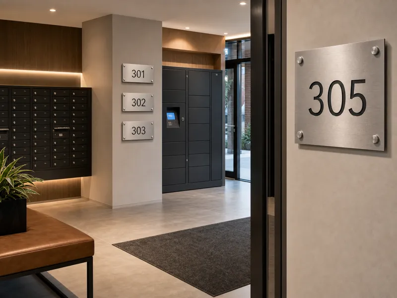 Custom apartment address signs for shared lobbies unit numbers mailbox areas and parcel delivery points