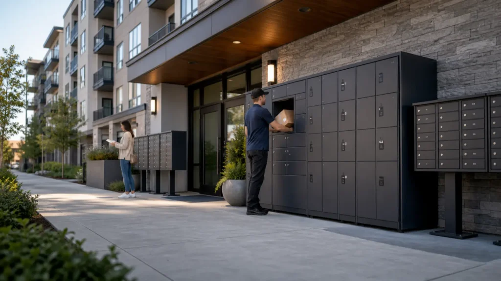 Modern apartment entrance with secure parcel boxes and mailbox units for multifamily deliveries