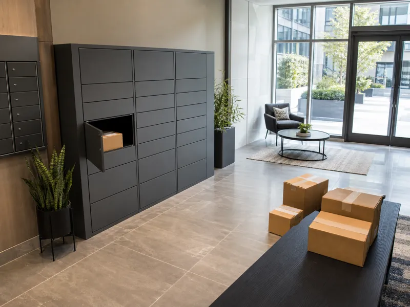Parcel delivery boxes for apartments condos shared entrances and multi-unit residential buildings.