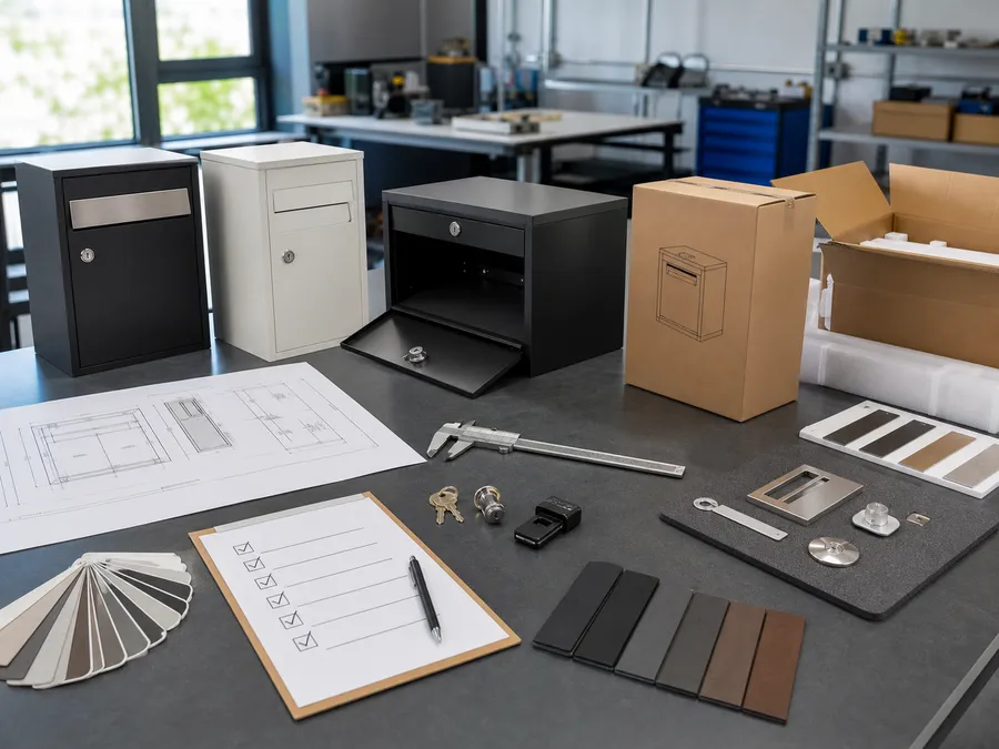 Mailbox sample process with drawing, prototype, finish swatches, lock parts, packaging mockup and approval checklist