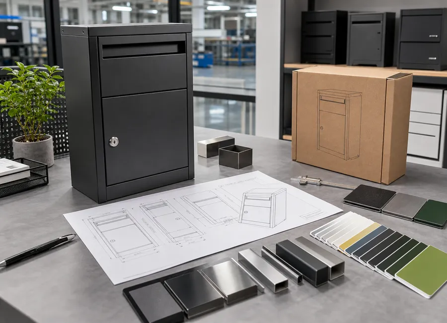 Parcel box prototype with technical drawings, material samples, color chips and packaging mockup for OEM and ODM product development