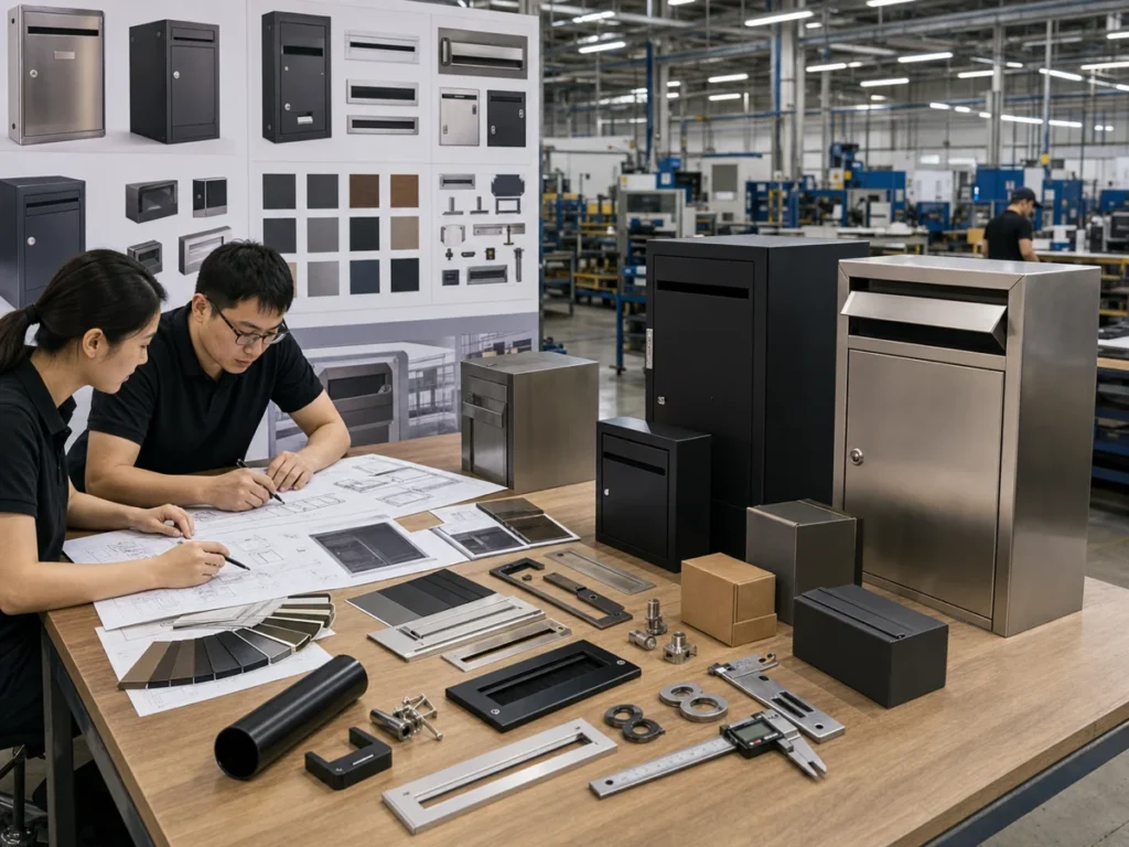 OEM and ODM mailbox product customization with drawings, samples, finish swatches, packaging, and inspection tools