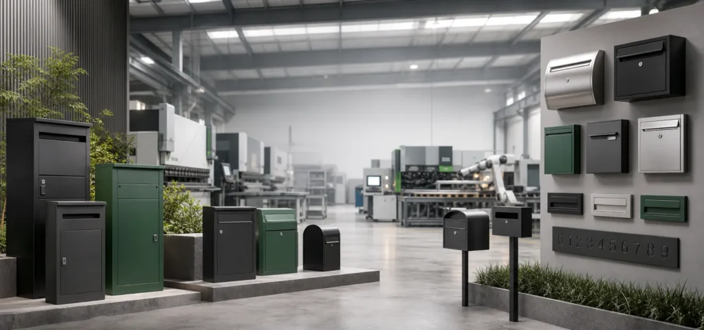 Custom OEM and ODM parcel boxes mailboxes letterboxes mail slots house numbers and metal outdoor mail products in a manufacturing showroom