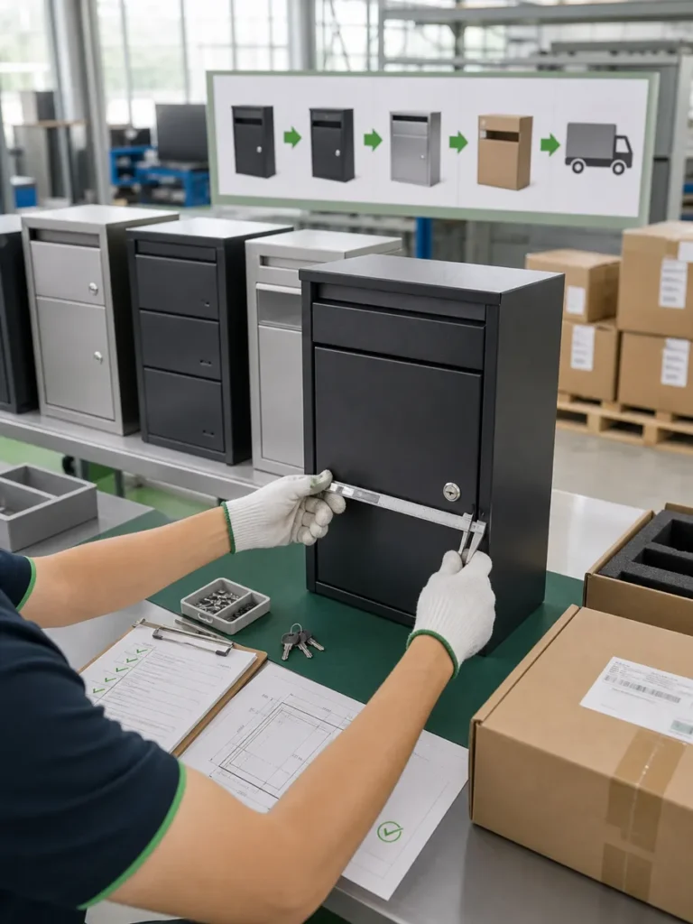 Inspector checking custom mailboxes and parcel boxes with drawings and checklist before shipment