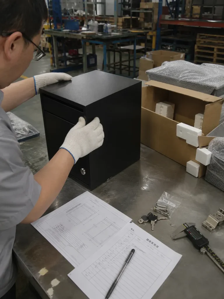 Inspector measuring a metal parcel box and reviewing packaging accessories during OEM quality control