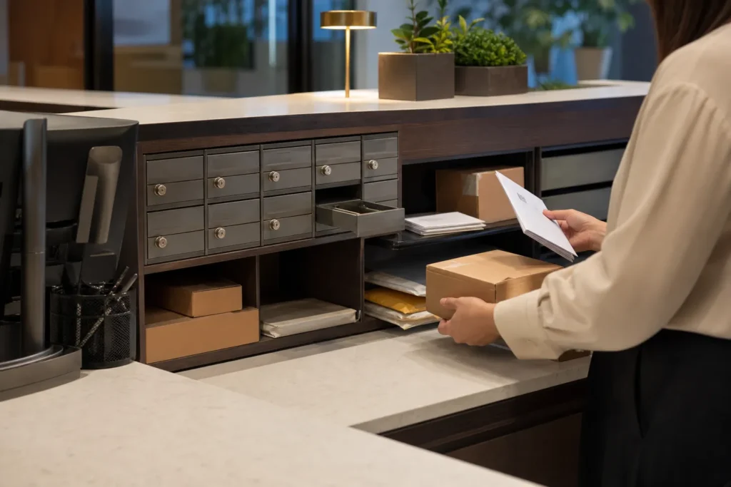 Courier placing a parcel into a secure parcel box beside a small business office entrance