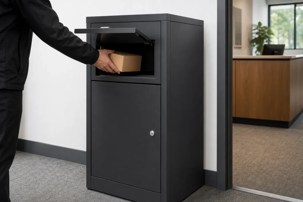 Modern office entrance with secure parcel boxes and mailbox solutions for workplace deliveries