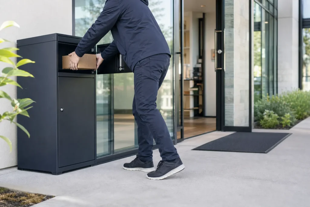 Office entrance signs and metal numbers paired with a parcel box for a clear delivery point
