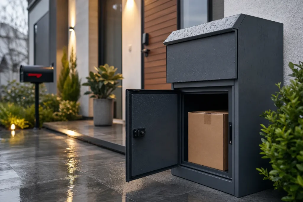 Rain-resistant outdoor parcel drop box keeping a package safe at a residential doorway