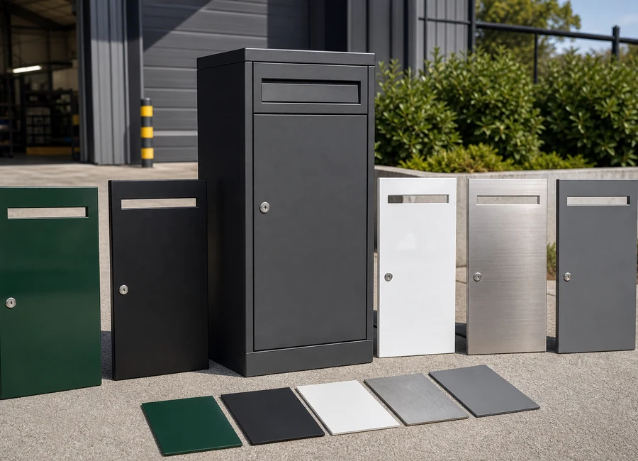 Outdoor parcel box finish comparison with powder coating, matte, gloss, brushed metal and custom colors