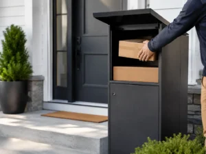 Modern parcel delivery box holding packages near a residential front entrance.