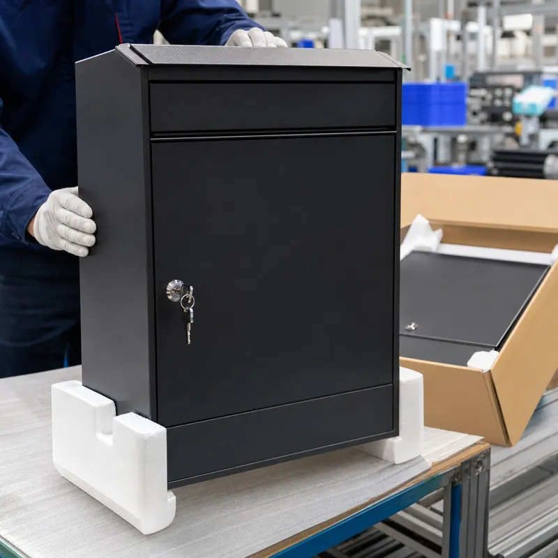 Custom parcel box manufacturing with lock hardware, strong coating and protective packaging for shipment
