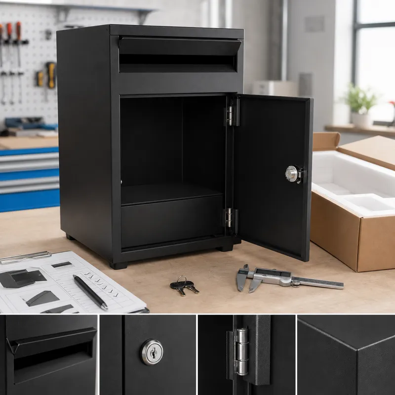 Parcel box sample with open drop door, lock, finish samples and packaging materials for OEM structure checking