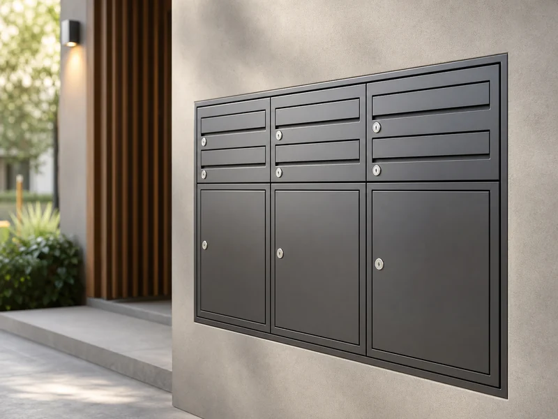 Integrated parcel letterboxes with mail slots and parcel doors mounted into an architectural entrance wall.