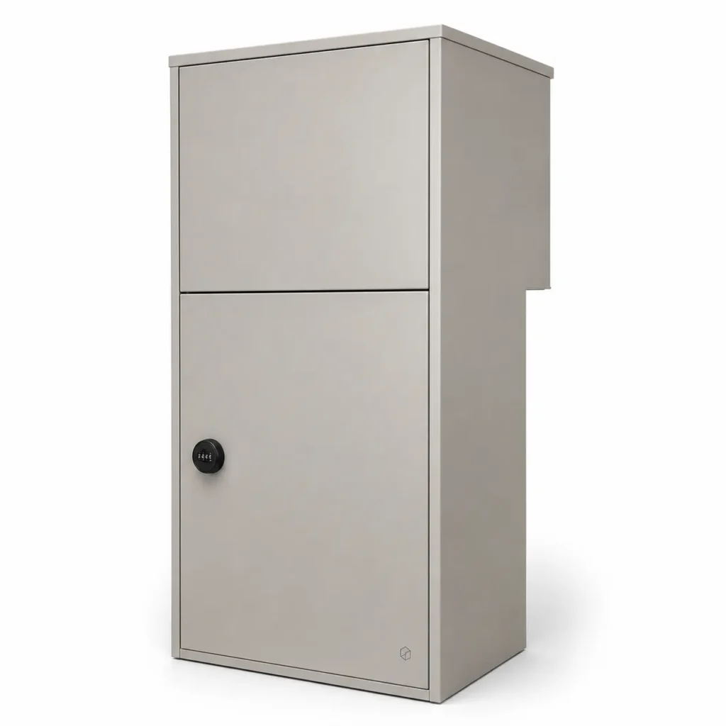 PD3031 cream white through wall parcel post box installed into a modern residential entrance wall with finishing frame