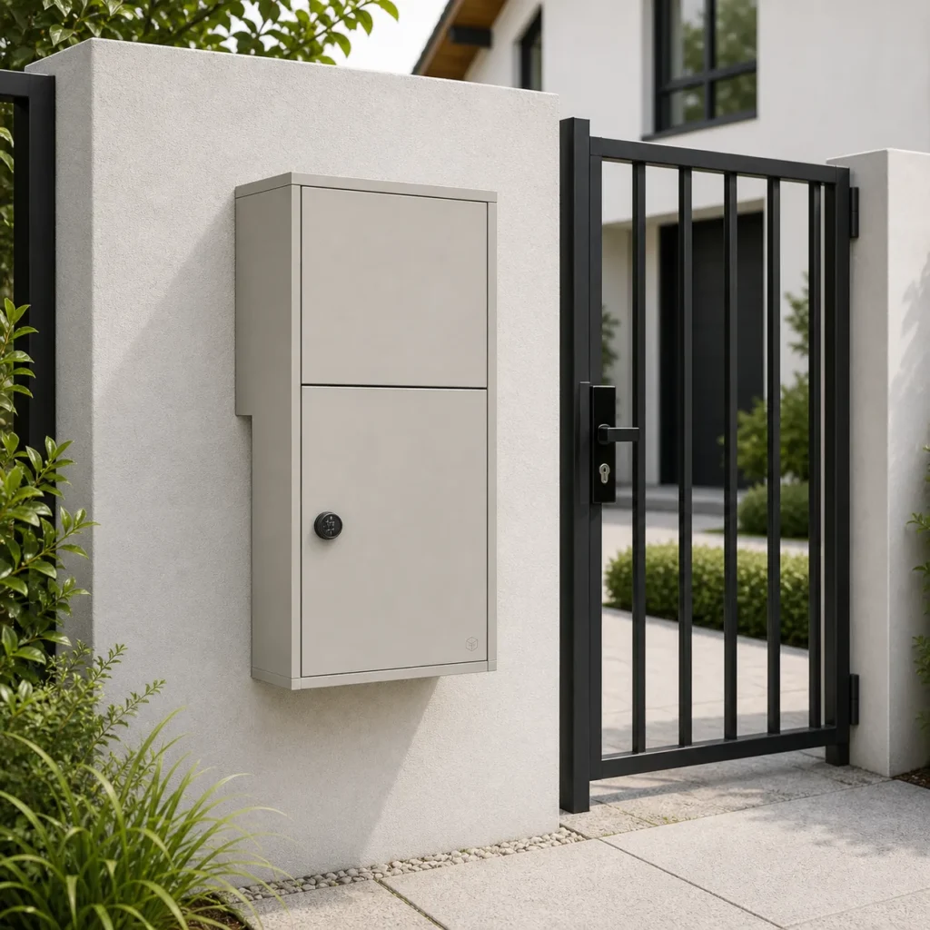 PD3031 pebble grey parcel post box integrated into a residential gate fence or entrance wall for secure home delivery