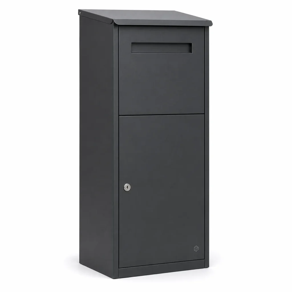 PD3032 medium free standing parcel letter box placed near a farmhouse style entrance path for residential mail and parcel receiving