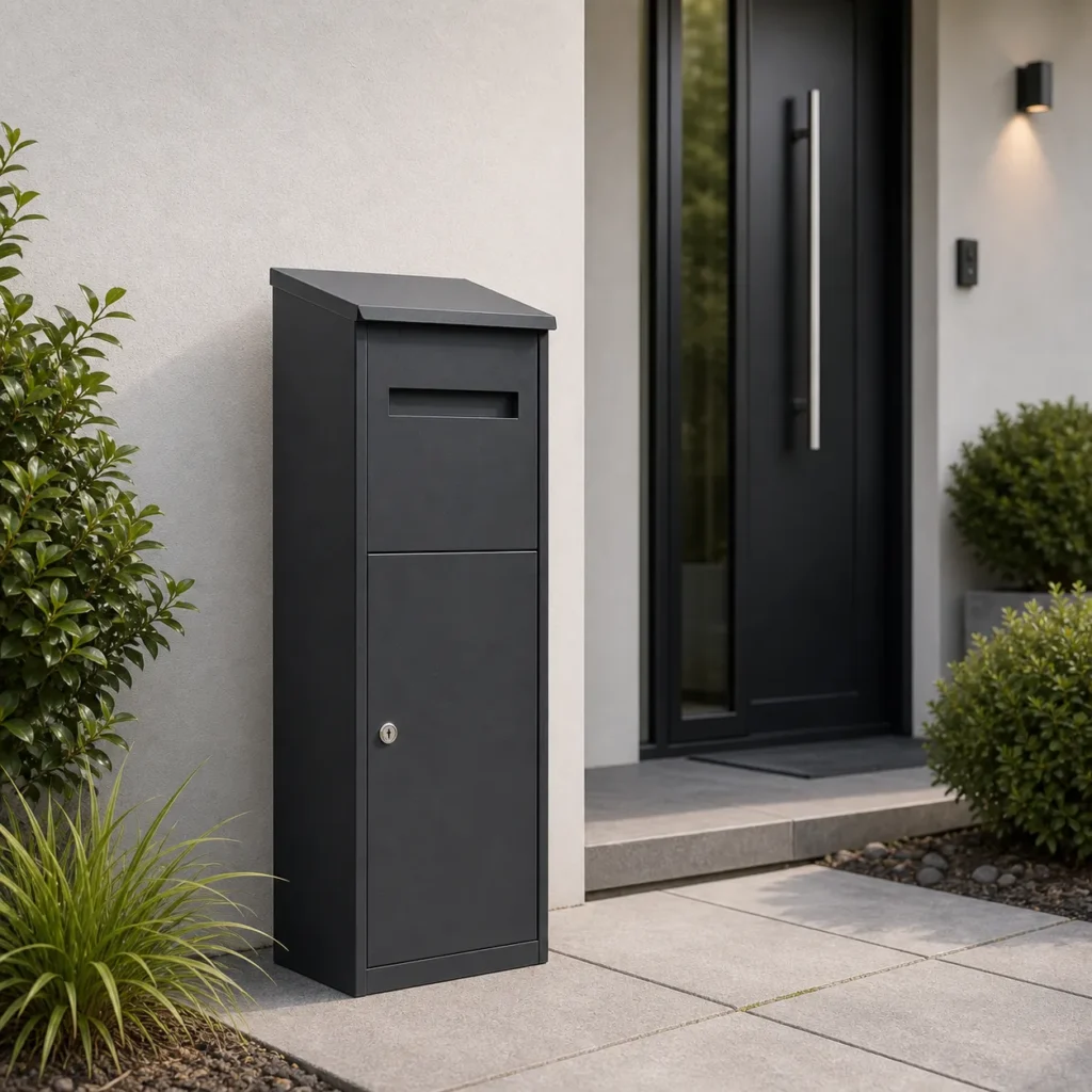PD3032 side angle view showing slim free standing parcel box depth slanted top cap and anthracite powder coated steel body