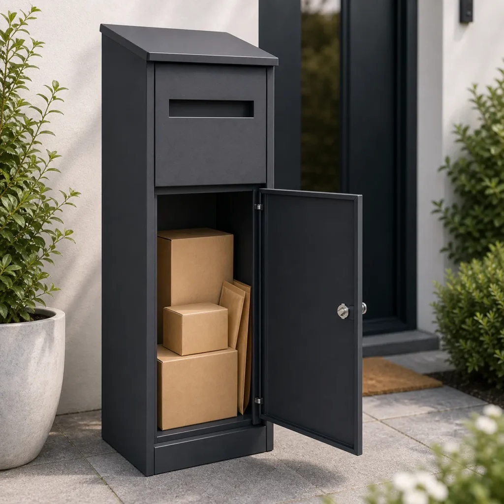 PD3032 anthracite free standing parcel letter box placed beside a modern residential entrance for secure home delivery