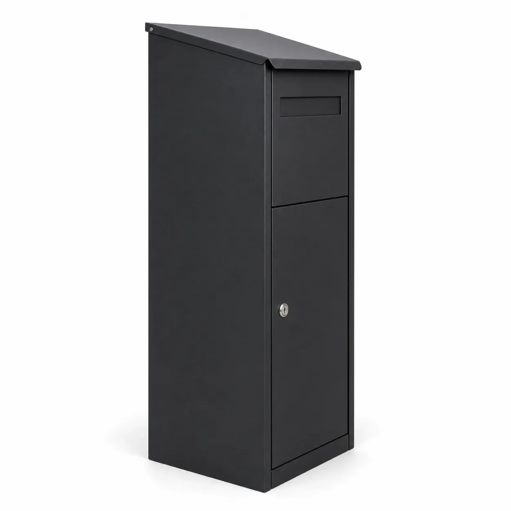 PD3032 anthracite medium free standing parcel letter box with slanted rain cap letter slot lower access door and round key lock