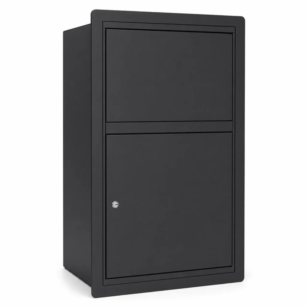 PD3055 black extra large built in parcel drop box with upper delivery flap lower lockable retrieval door and wide steel body