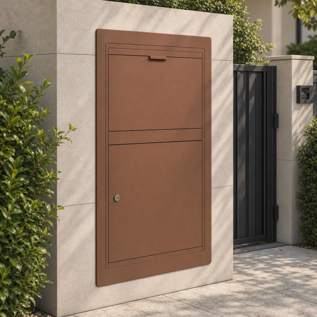 PD3055 bronze extra large built in parcel drop box color option installed into a contemporary stone boundary wall
