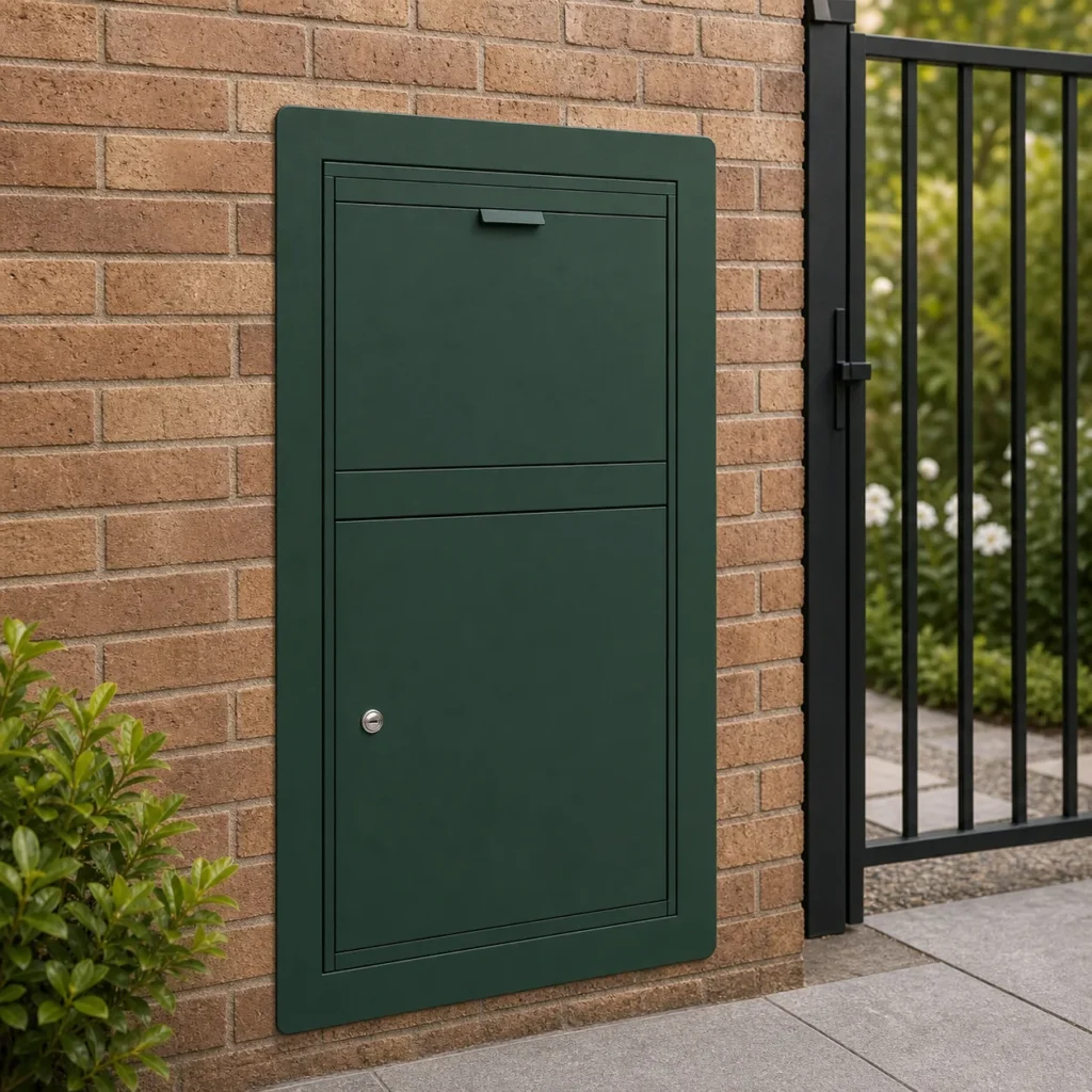 PD3055 deep green extra large built in parcel drop box color option installed into a brick residential wall