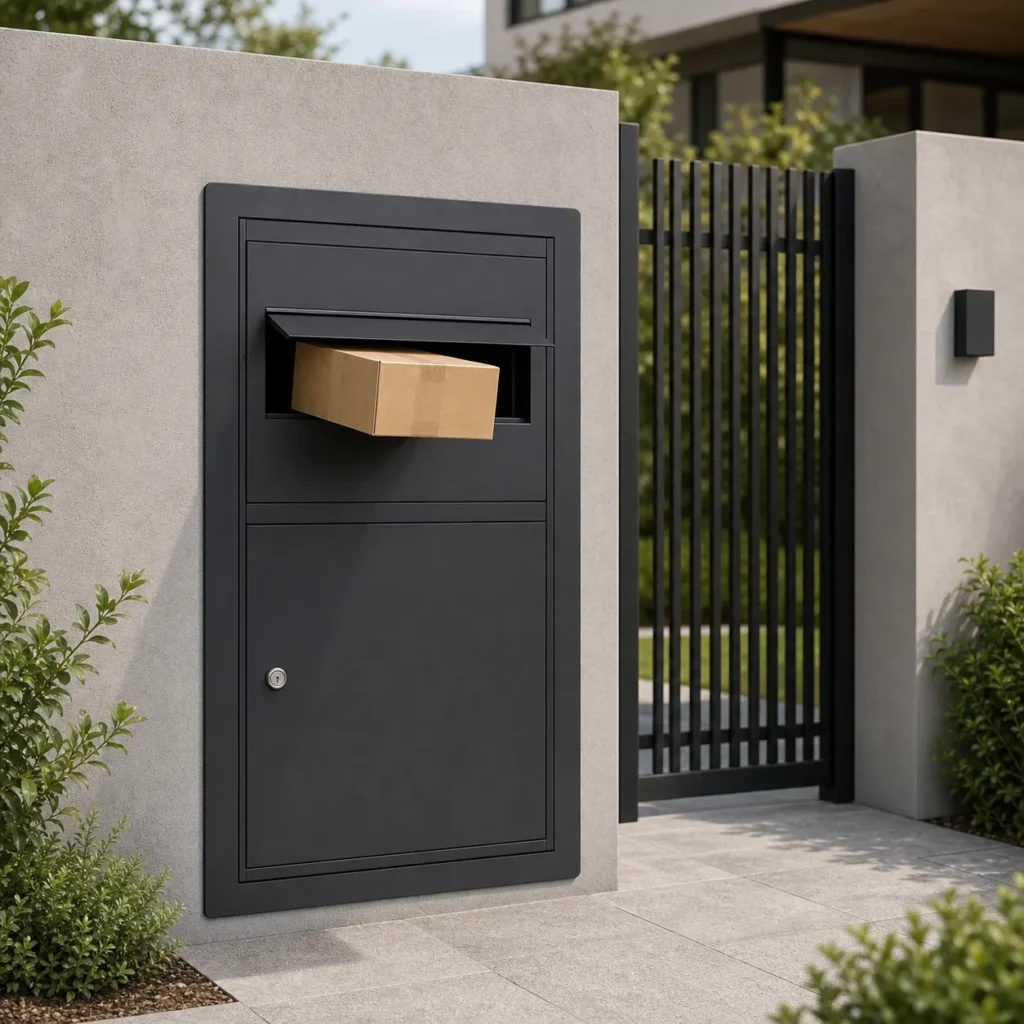 PD3055 pebble grey extra large built in parcel drop box color option installed into a rendered residential wall
