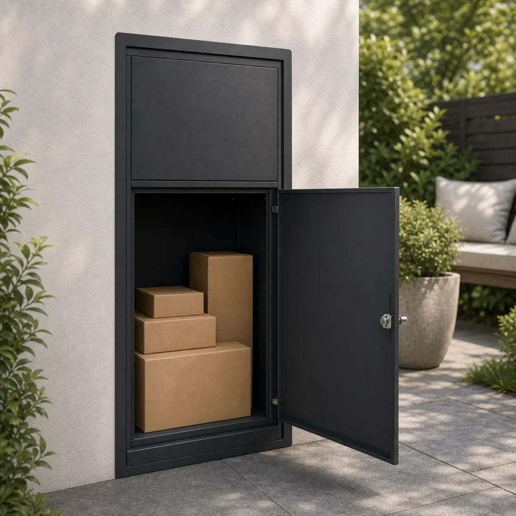 PD3055 rear access built in parcel drop box with open retrieval door showing large internal parcel storage capacity