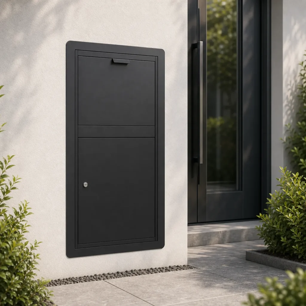 PD3055 extra large parcel drop box installed flush into a residential wall with black framed front access panel