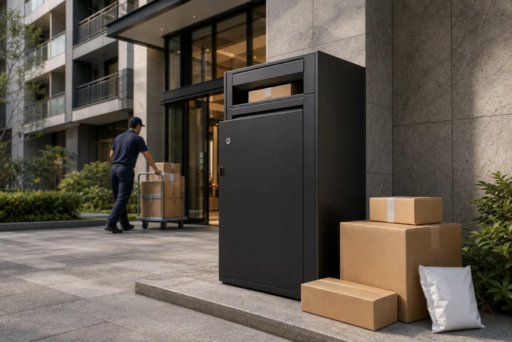 Large parcel box for frequent deliveries and higher receiving demand at a residential building entrance