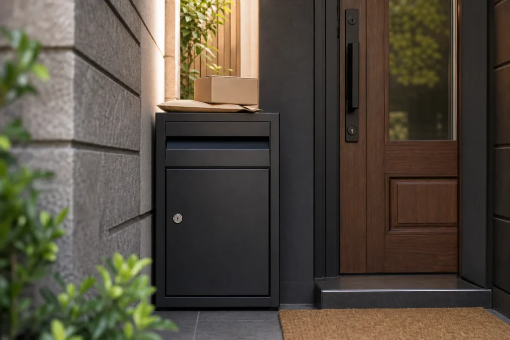 Compact parcel box installed beside a front door for letters, small parcels, and limited entry spaces