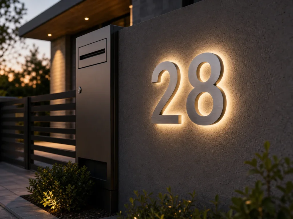 Metal house numbers and backlit address numbers installed on an exterior wall
